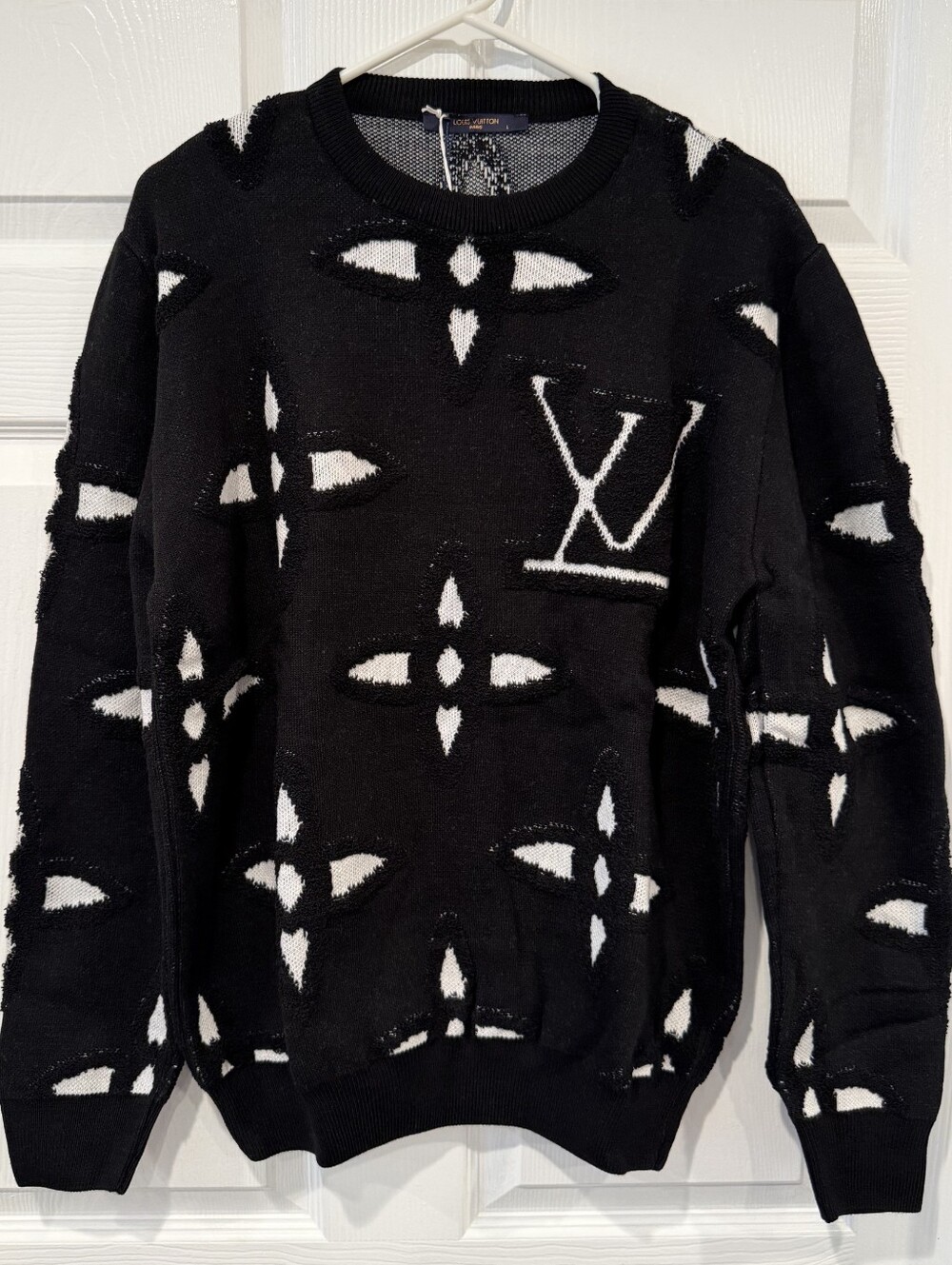 Louis Vuitton Black Crewneck Sweater with White Monogram Motif